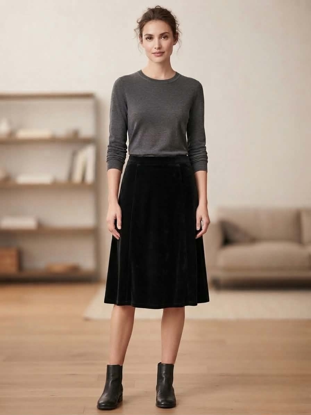 North Crest Black Velvet A-Line Midi Skirt Size XL